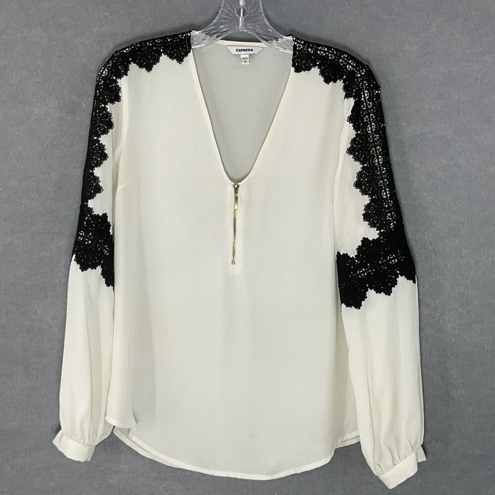 Express Top Women Sz S Ivory Black Lace‎ Detail V-Neck Zip Front Office Career